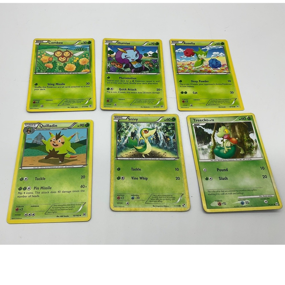 Pokemon Trading Card Lot Grass Type 6 Cards Green Snivy Treecko TCG